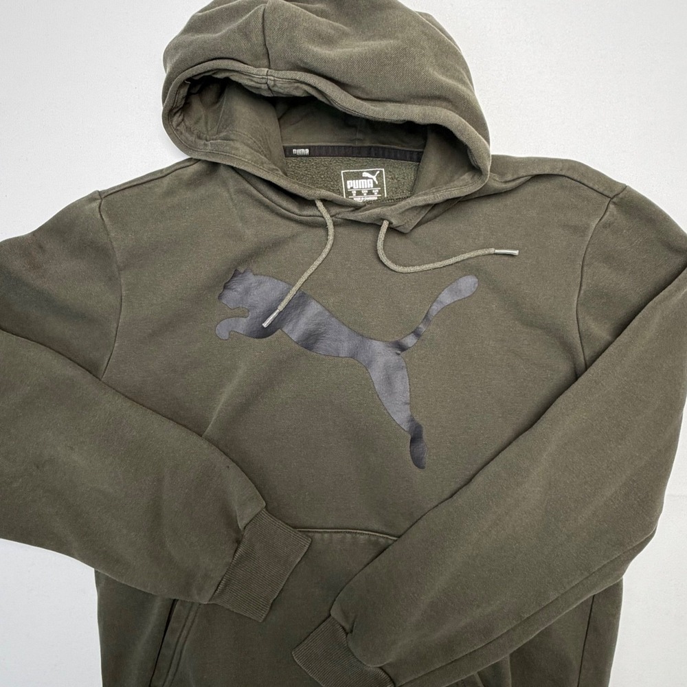 Puma Men's Olive Green Skater Streetwear Print PUMA‎ Cat Logo Hoodie Medium